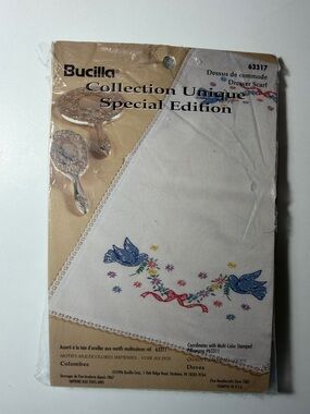 Bucilla White Dresser Scarf with Blue Dove Embroidery